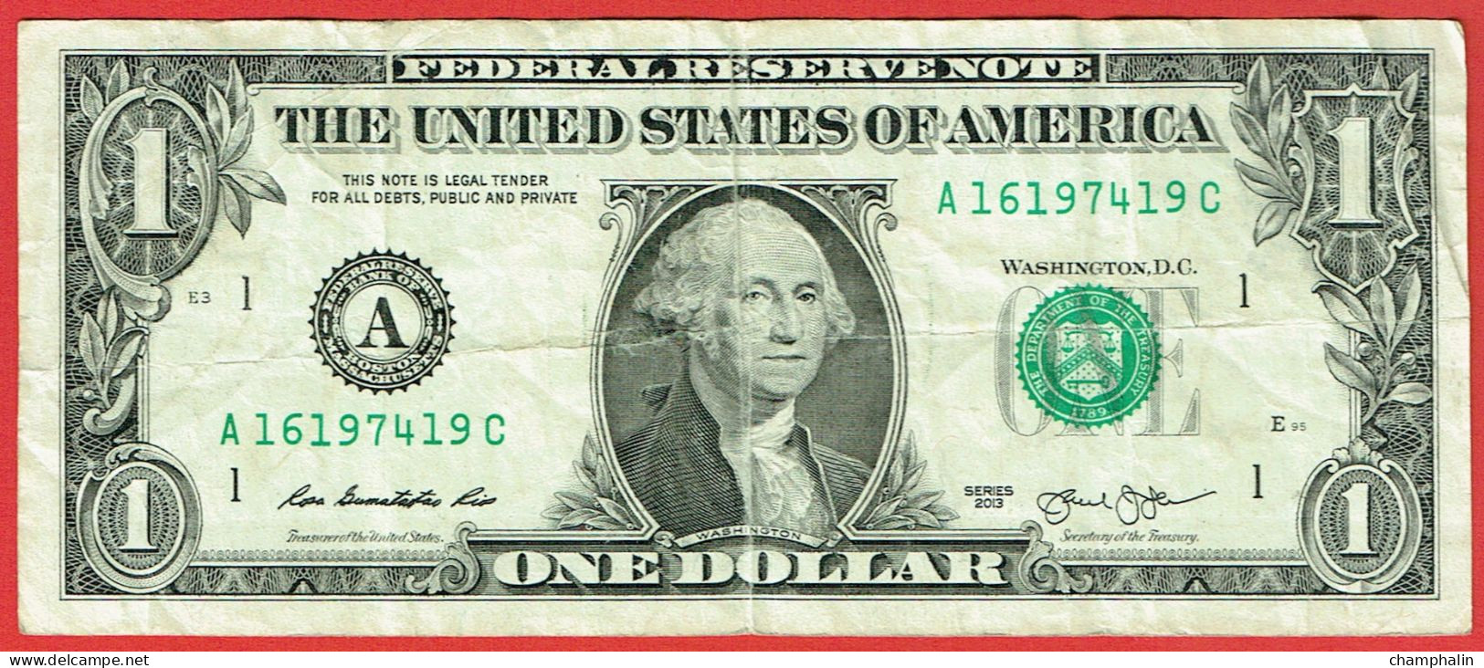 Etats-Unis D'Amérique - Billet De 1 Dollar - George Washington - Boston A - 2013 - P537 - Billets De La Federal Reserve (1928-...)