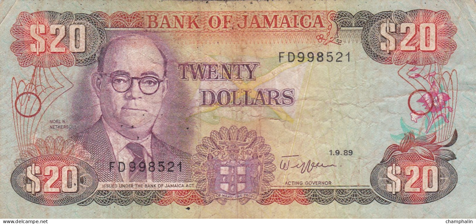 Jamaïque - Billet De 20 Dollars - Noel N. Nethersole - 1er Septembre 1989 - P72c - Jamaica