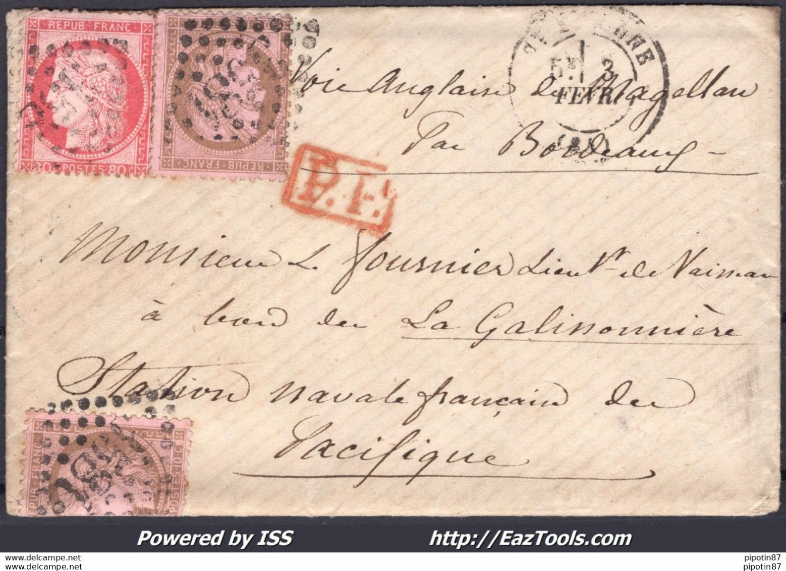 FRANCE N°57+58x2 SUR LETTRE POUR LA STATION NAVALE DU PACIFIQUE DU 03/02/1875 RR - 1871-1875 Cérès