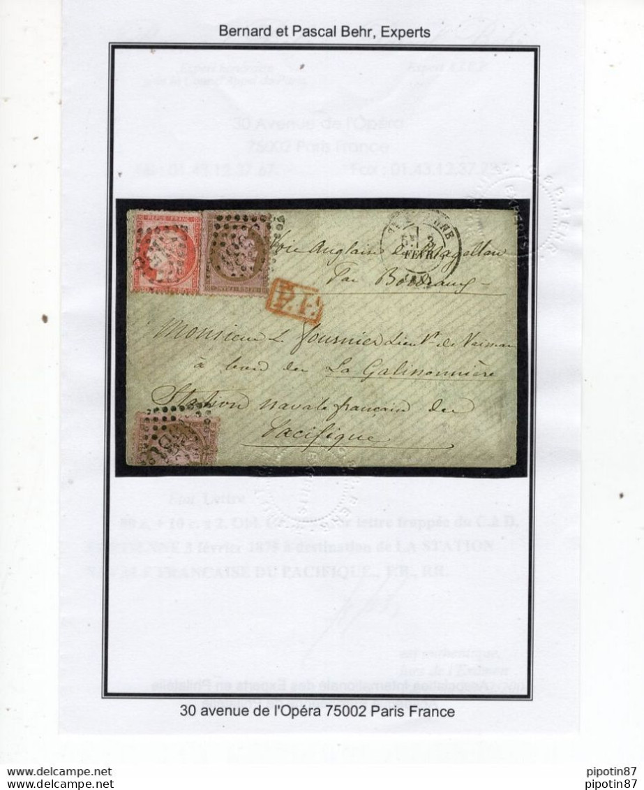 FRANCE N°57+58x2 SUR LETTRE POUR LA STATION NAVALE DU PACIFIQUE DU 03/02/1875 RR - 1871-1875 Ceres