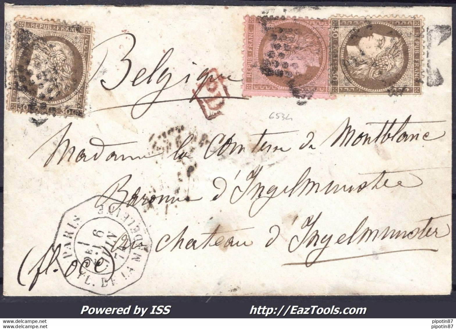 FRANCE N°54+56x2 SUR LETTRE POUR LA BELGIQUE ETOILE + CAD OCTOGONAL DU 06/06/1874 - 1871-1875 Ceres