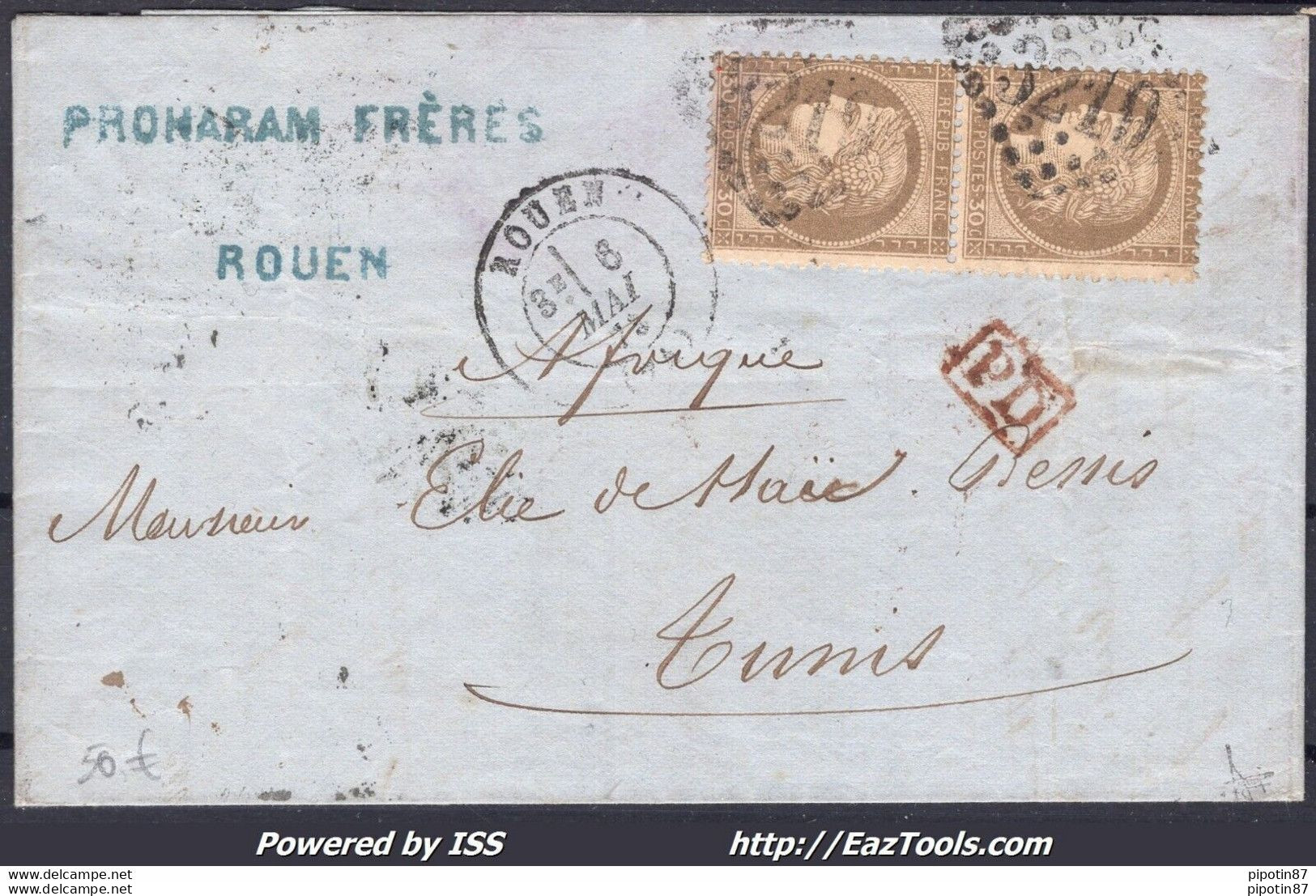 FRANCE N°56x2 SUR LETTRE POUR TUNIS AVEC GC 3219 ROUEN + CAD DU 06/05/1873 - 1871-1875 Ceres