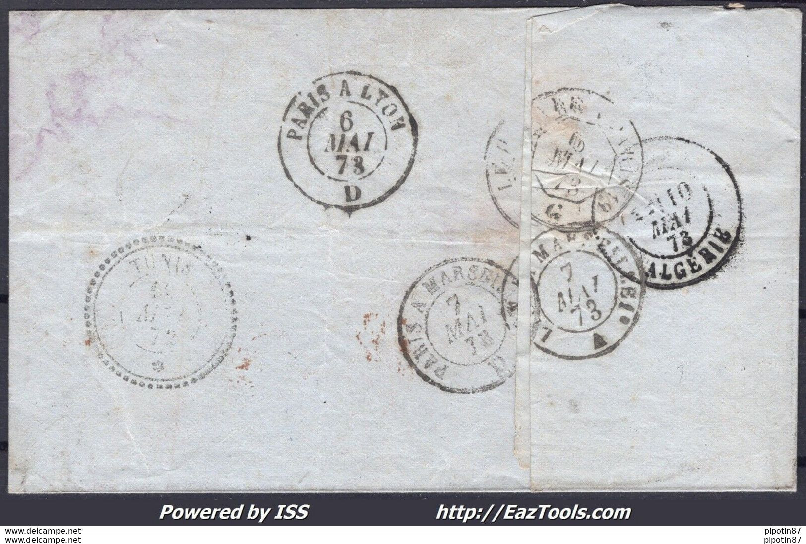 FRANCE N°56x2 SUR LETTRE POUR TUNIS AVEC GC 3219 ROUEN + CAD DU 06/05/1873 - 1871-1875 Cérès