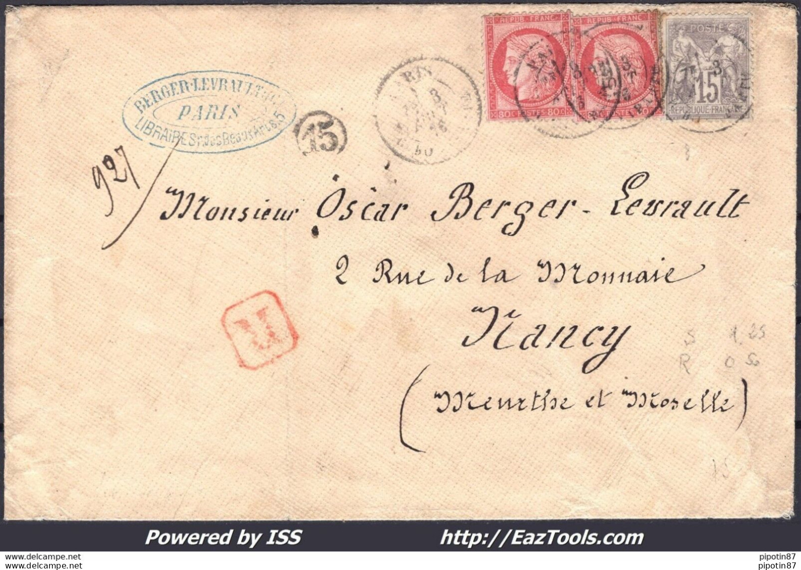 FRANCE N°57x2 + 66 SUR LETTRE RECOMMANDÉE AVEC CAD DE PARIS DU 03/08/1876 - 1871-1875 Ceres