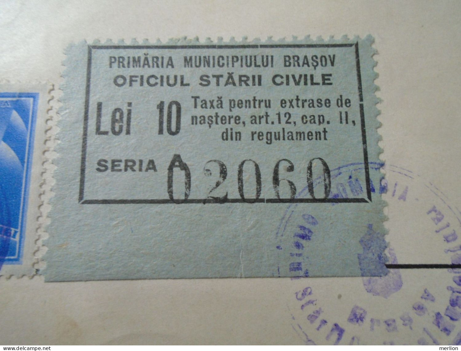 ZA456.23  Romania  Primaria Brasov Kronstadt - Auszug Tauf Matrikel - Adolf Brenner  1899 (1936) Local Tax Stamp  10 Lei - Naissance & Baptême