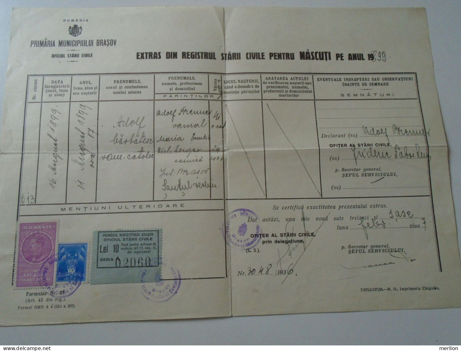 ZA456.23  Romania  Primaria Brasov Kronstadt - Auszug Tauf Matrikel - Adolf Brenner  1899 (1936) Local Tax Stamp  10 Lei - Birth & Baptism