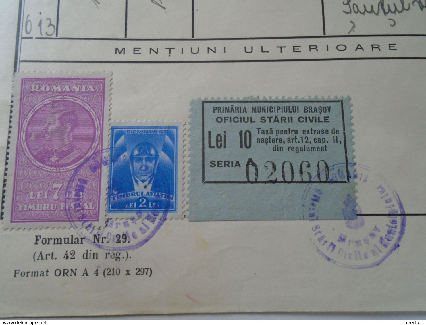 ZA456.23  Romania  Primaria Brasov Kronstadt - Auszug Tauf Matrikel - Adolf Brenner  1899 (1936) Local Tax Stamp  10 Lei - Naissance & Baptême