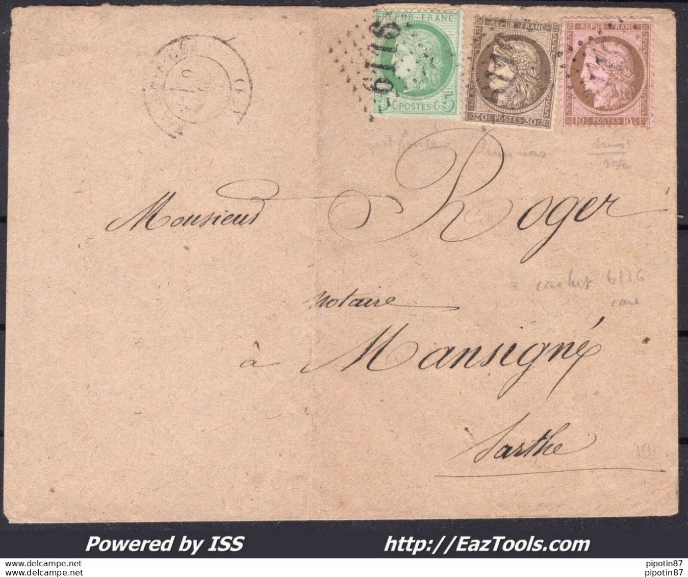 FRANCE N°53+54+56 SUR LETTRE GC 6116 VALLON SUR GÉE SARTHE + CAD DU 09/12/187. - 1871-1875 Ceres