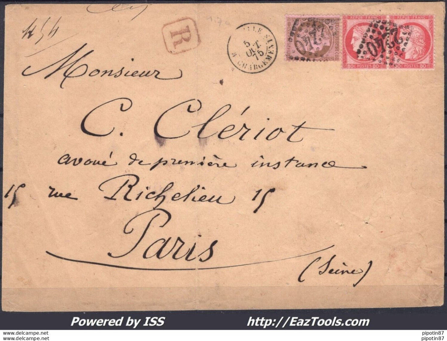 FRANCE N°54+57x2 SUR LR GC 2240 MARSEILLE + CAD CHARGEMENTS DU 05/10/1875 - 1871-1875 Ceres