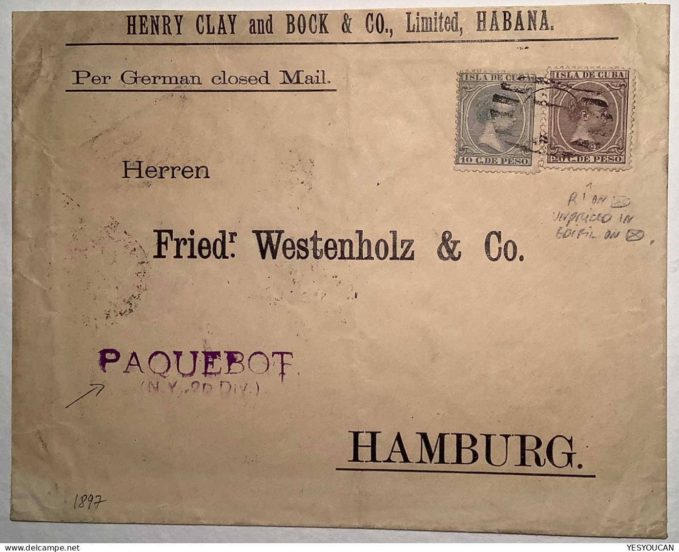 Cuba 1897 RARE 20c (UNPRICED EDIFIL) On Cover Havana Cancelled PAQUEBOT N.Y>Hamburg (New York Ship Mail - Kuba (1874-1898)