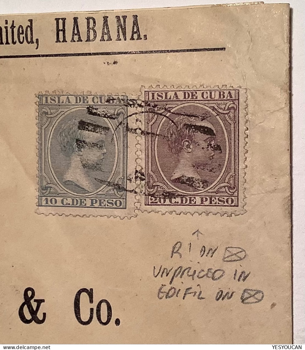 Cuba 1897 RARE 20c (UNPRICED EDIFIL) On Cover Havana Cancelled PAQUEBOT N.Y>Hamburg (New York Ship Mail - Cuba (1874-1898)