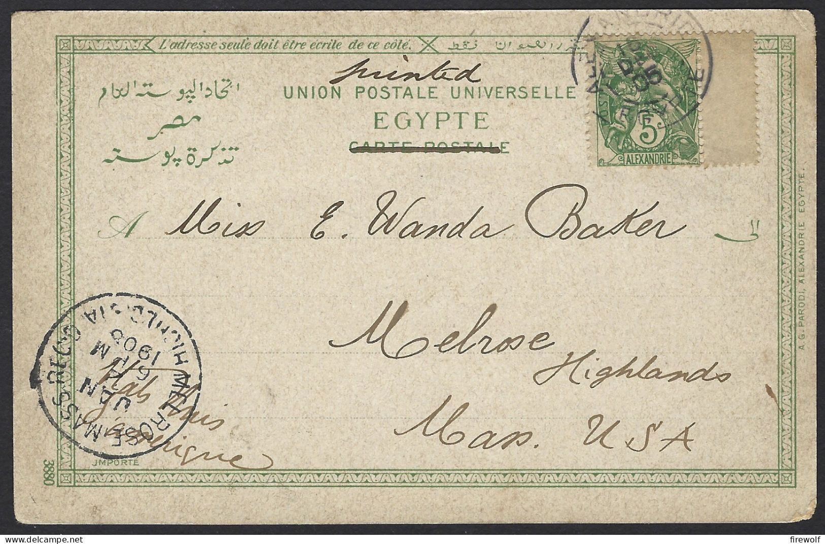 F03 - Egypt Alexandria - French Office - Postcard 1905 To Melrose USA - Port Napoleon - Briefe U. Dokumente