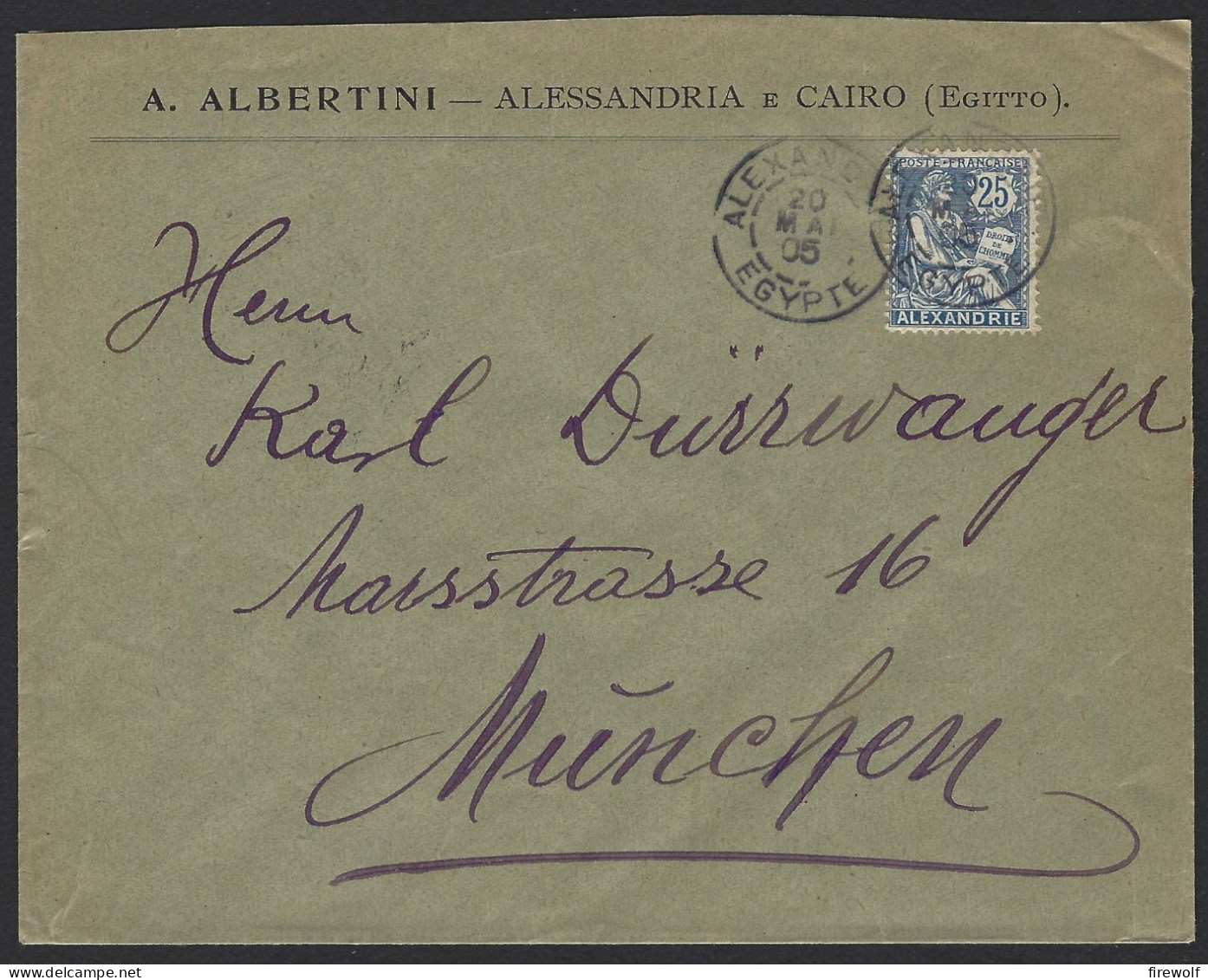F03 - Egypt Alexandria - French Office - Commercial Cover 1905 To Munchen Germany - Albertini - Covers & Documents