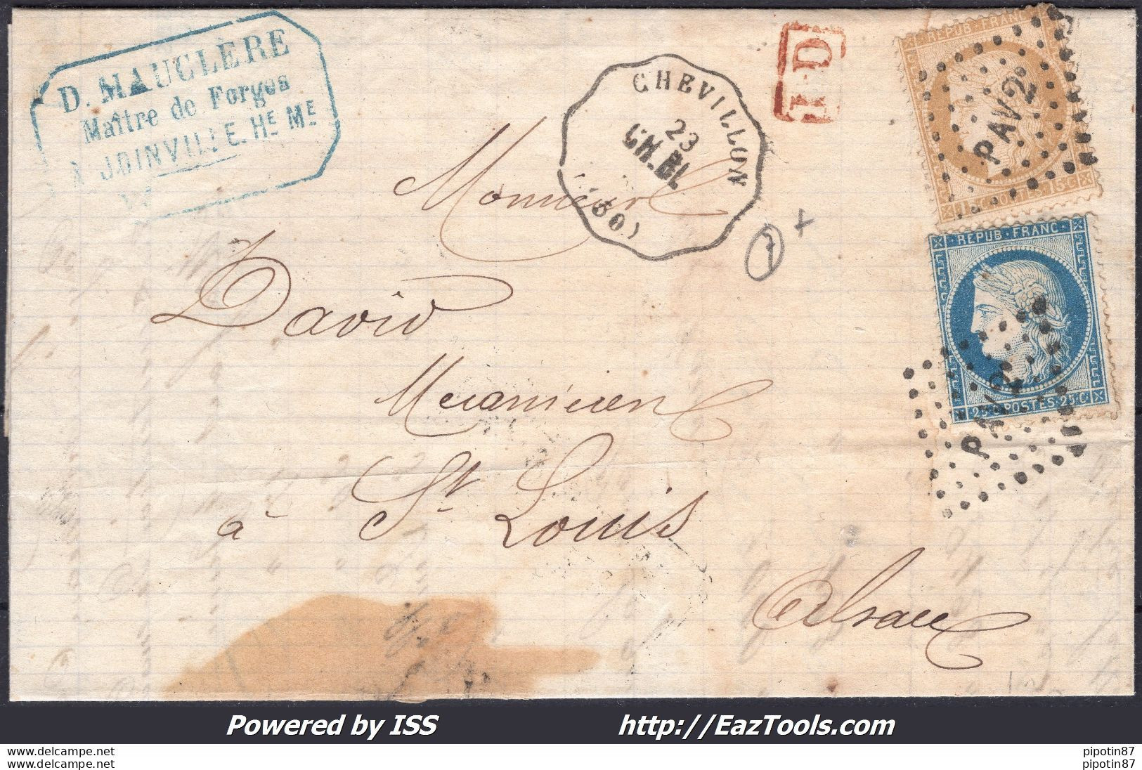 FRANCE N°55+60 SUR LETTRE AMB PAV2° + CONVOYEUR STATION CHEVILLON DU 23/09/1875 - 1871-1875 Ceres