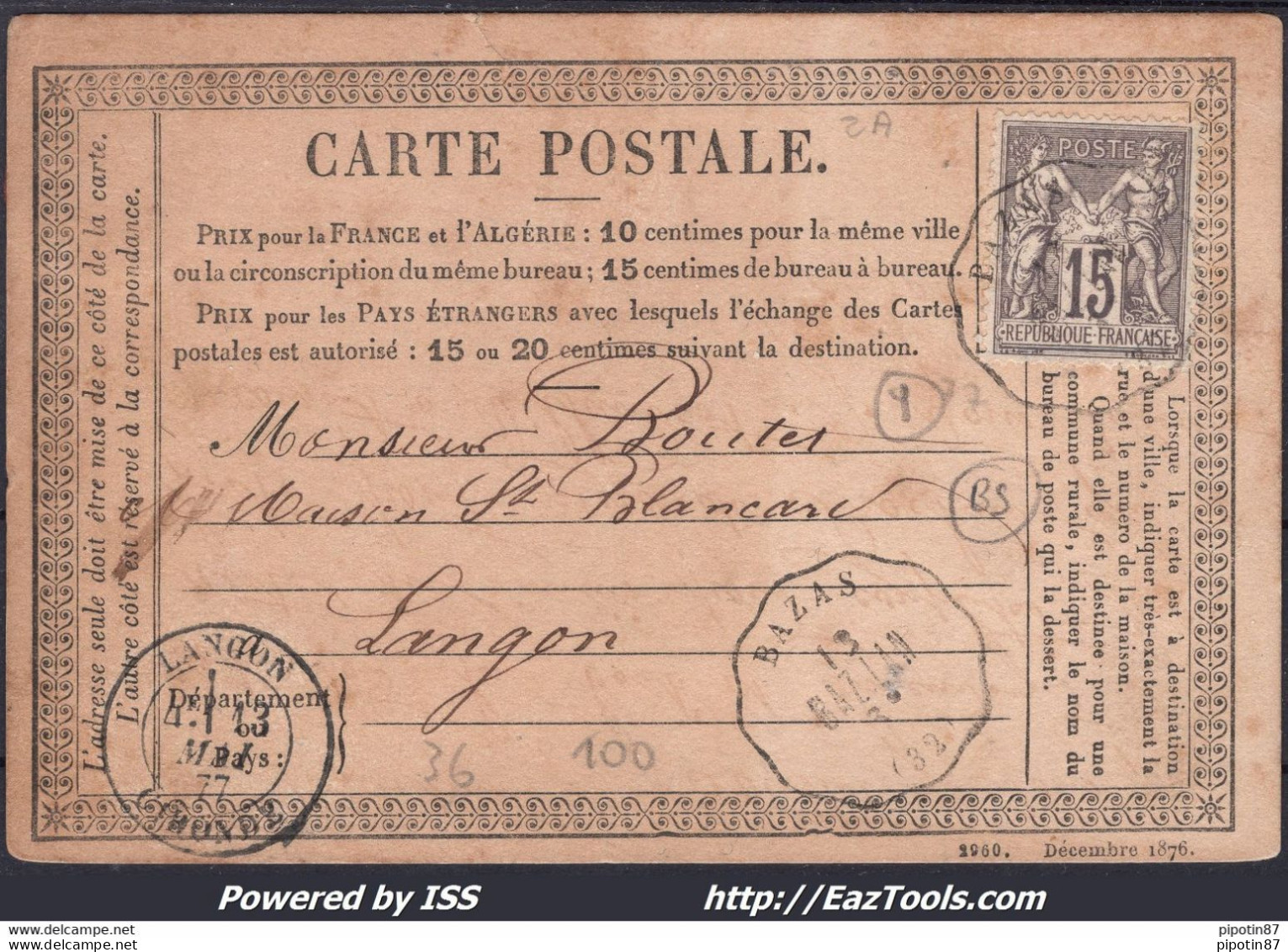 FRANCE N°77 SUR CP AVEC CONVOYEUR STATION BAZAS + CAD LANGON DU 13/05/1877 - 1876-1878 Sage (Type I)