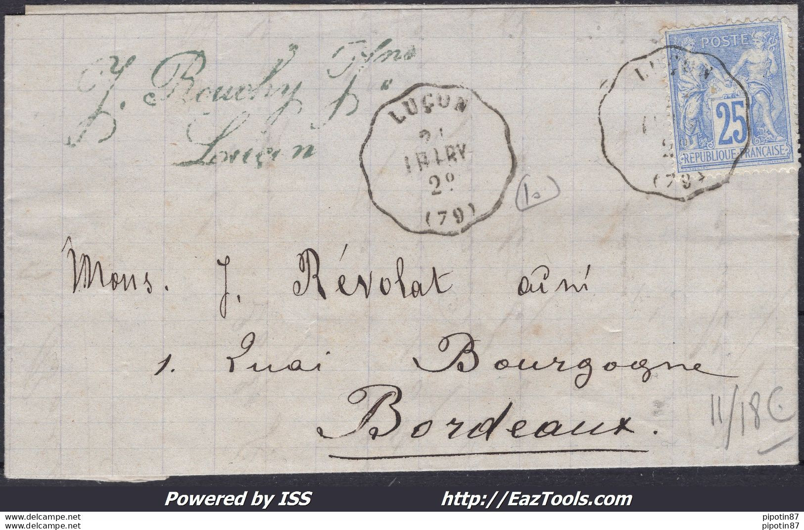 FRANCE N°78 SUR LETTRE AVEC CONVOYEUR STATION LUCON DU 22/11/1876 - 1876-1878 Sage (Tipo I)