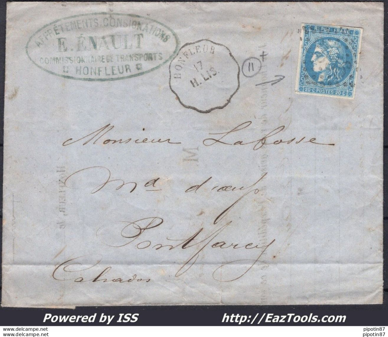 FRANCE N° 46B SUR LETTRE GC 2056 + CONVOYEUR STATION HONFLEUR DU 26/01/1874 - 1870 Bordeaux Printing