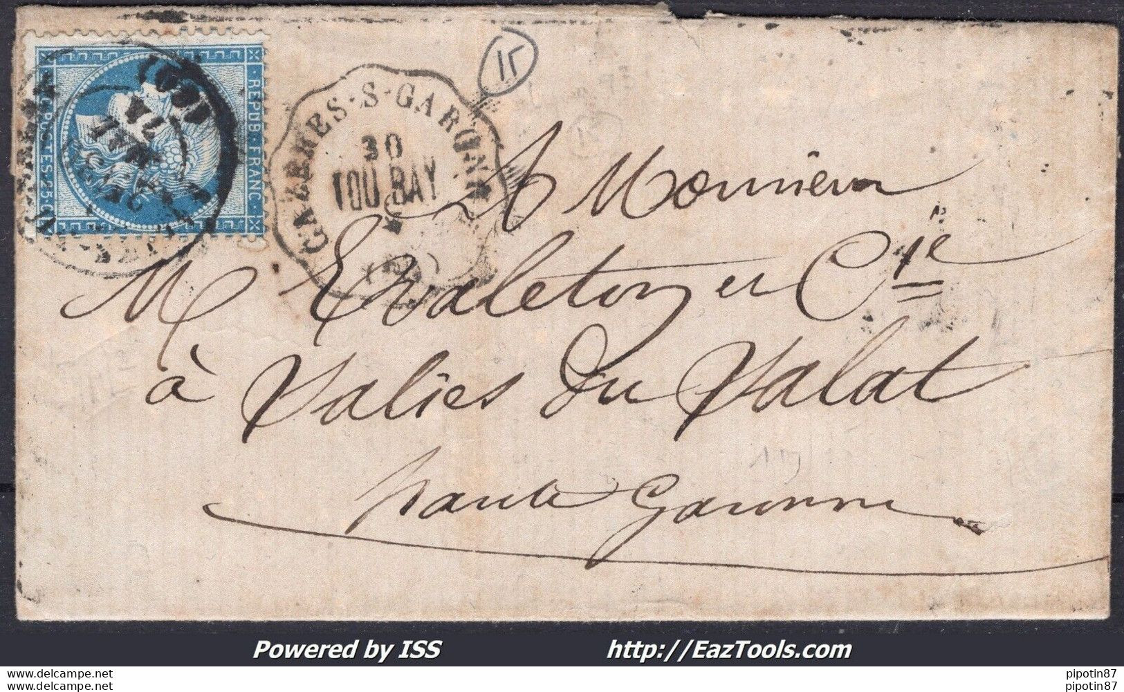 FRANCE N° 60A SUR LETTRE CONVOYEUR STATION CAZERES SUR GARONNE DU 30/05/1874 - 1871-1875 Ceres