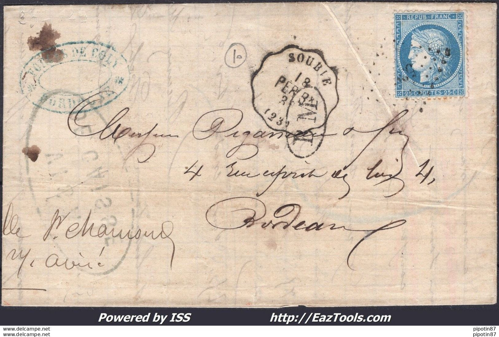 FRANCE N° 60A SUR LETTRE PC DES GC + CONVOYEUR STATION SOUBIE DU 10/01/1878 + BM - 1871-1875 Cérès