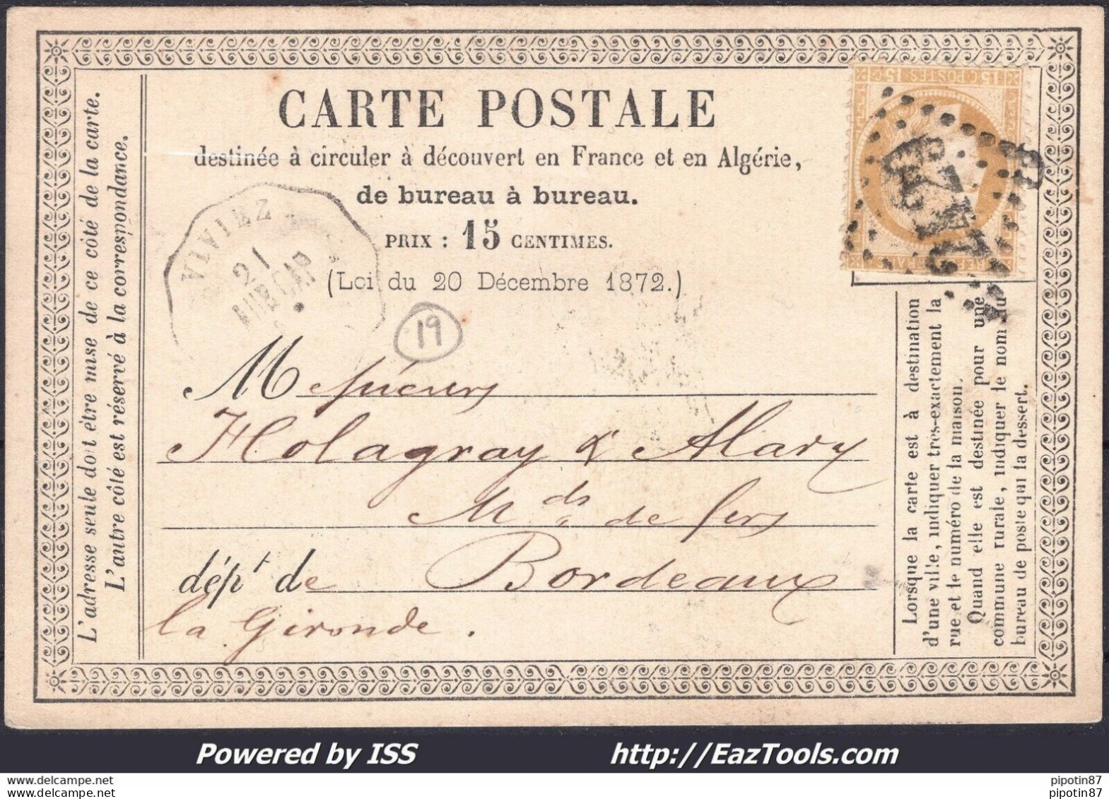 FRANCE N° 55 SUR CP GC 2429 + CONVOYEUR STATION VIVIEZ DU 21/07/1874 RR - 1871-1875 Cérès