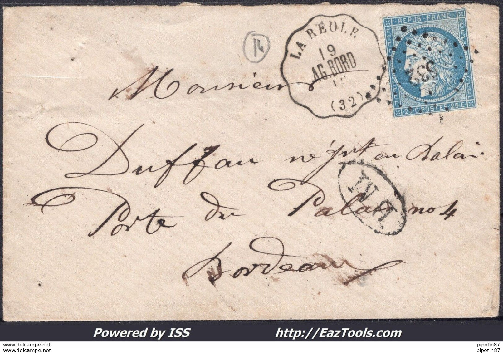 FRANCE N°60C SUR LETTRE PC DES GC 532 BORDEAUX + CONVOYEUR STATION LA REOLE + BM - 1871-1875 Ceres