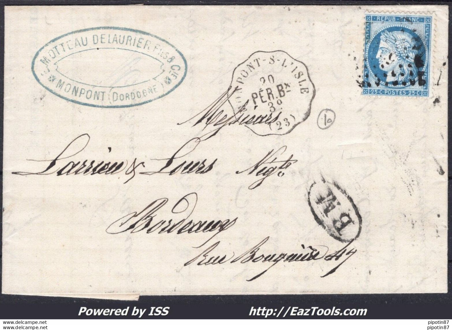 FRANCE N°60C SUR LETTRE PC DES GC + CONVOYEUR STATION MONPONT SUR L'ISLE + BM - 1871-1875 Cérès