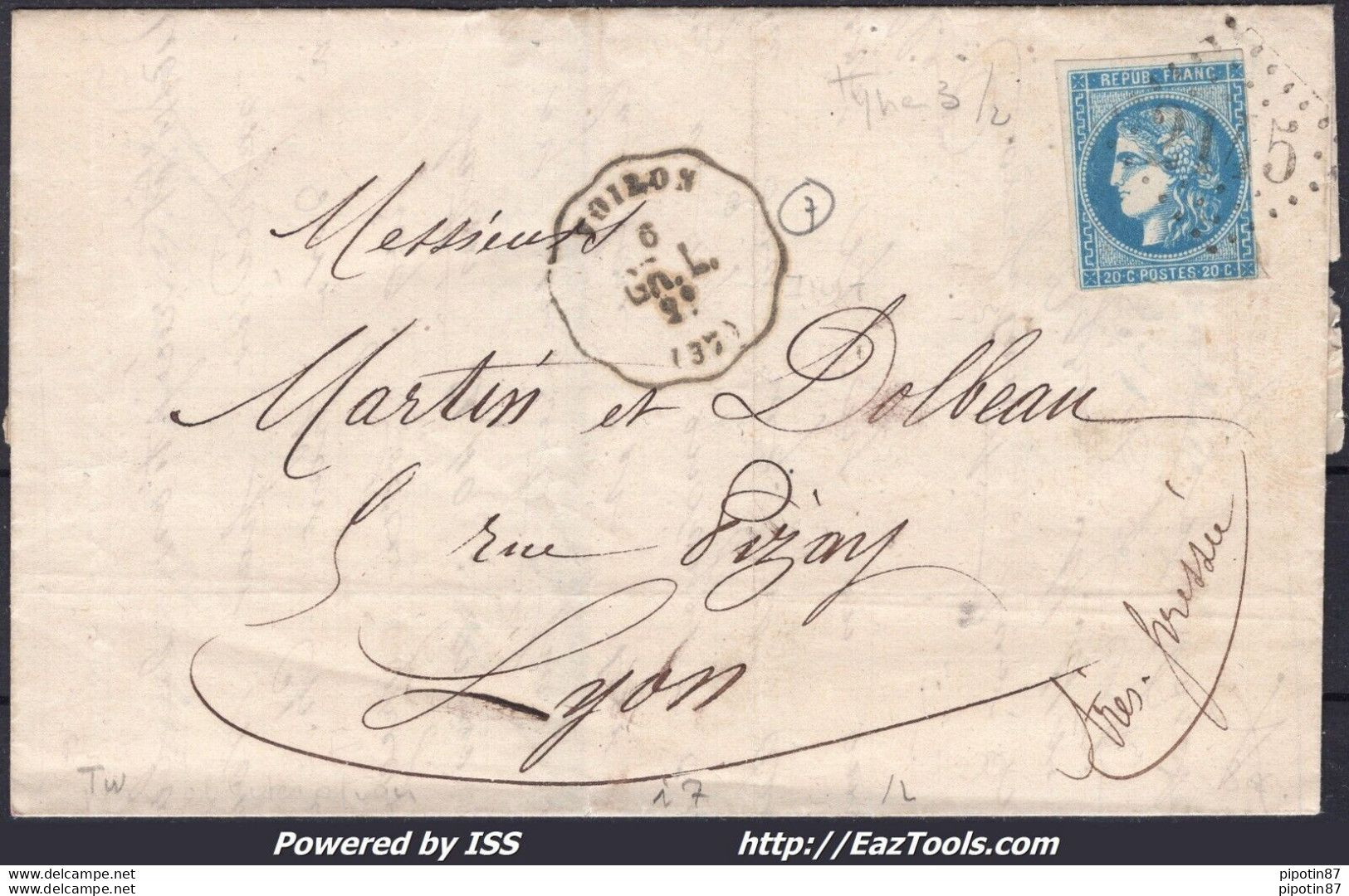 FRANCE N°46B SUR LETTRE GC 2145 + CONVOYEUR STATION VOIRON DU 06/04/1871 - 1870 Ausgabe Bordeaux