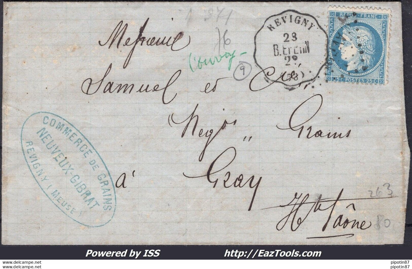 FRANCE N°60A SUR LETTRE AMB AVP2° + CONVOYEUR STATION REVIGNY DU 29/11/1871 - 1871-1875 Ceres