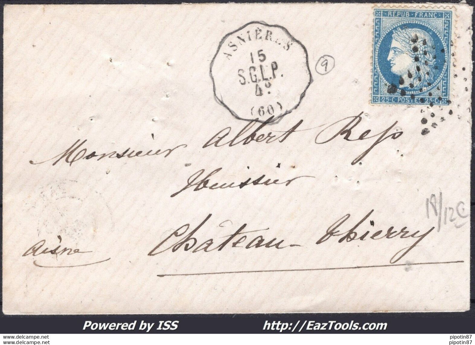 FRANCE N°60A SUR LETTRE ETOILE MUETTE + CONVOYEUR DE STATION ASNIERES 15/11/1875 - 1871-1875 Ceres