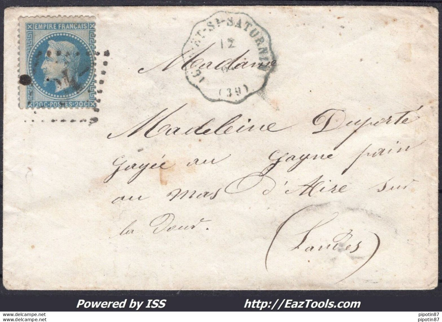 FRANCE N°29B SUR LETTRE GC + CONVOYEUR DE STATION YGOS ST SATURNIN - 1863-1870 Napoléon III Con Laureles