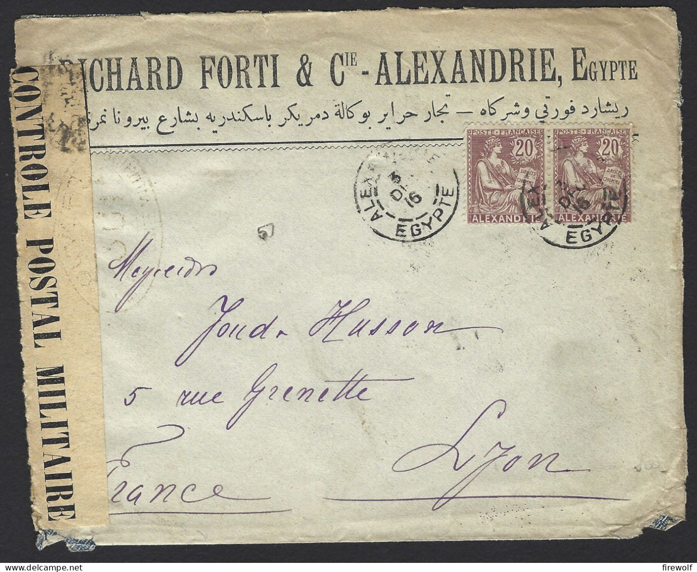 F05 - Egypt Alexandria - French Office - Cover 1915 To Lyon France - Censor Controle Militaire - Richard Forti - Brieven En Documenten