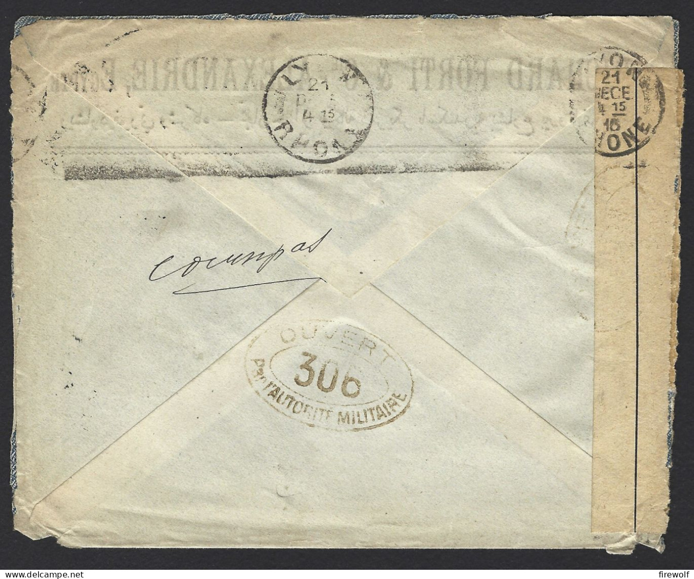 F05 - Egypt Alexandria - French Office - Cover 1915 To Lyon France - Censor Controle Militaire - Richard Forti - Lettres & Documents