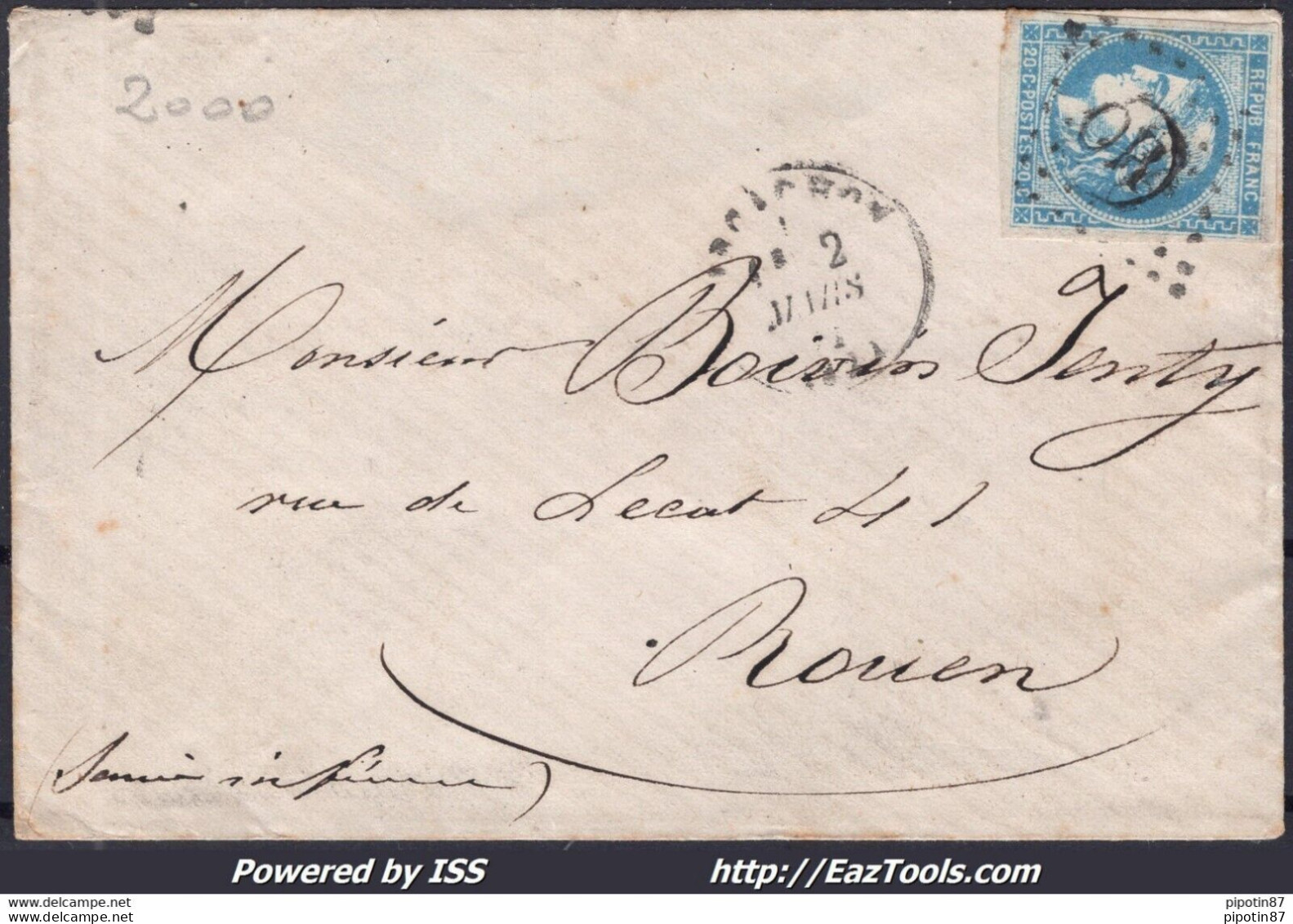 FRANCE N°46B SUR LETTRE CACHET OR + CAD TYPE 16 ARCACHON DU 02/03/1871 - 1870 Bordeaux Printing