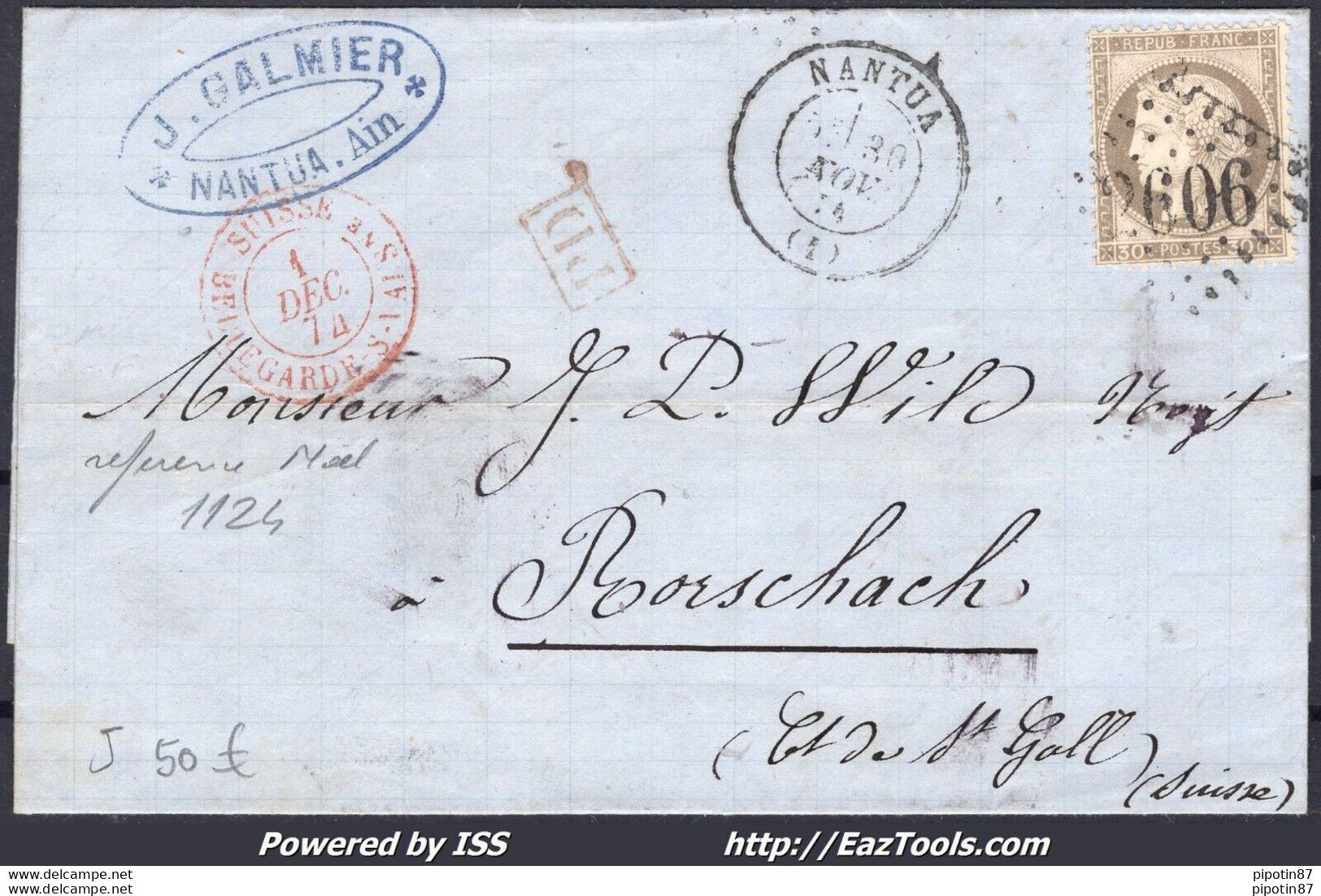 FRANCE N° 56 SUR LETTRE POUR LA SUISSE GC 2606 NANTUA + CAD DU 30/11/1874 - 1871-1875 Ceres