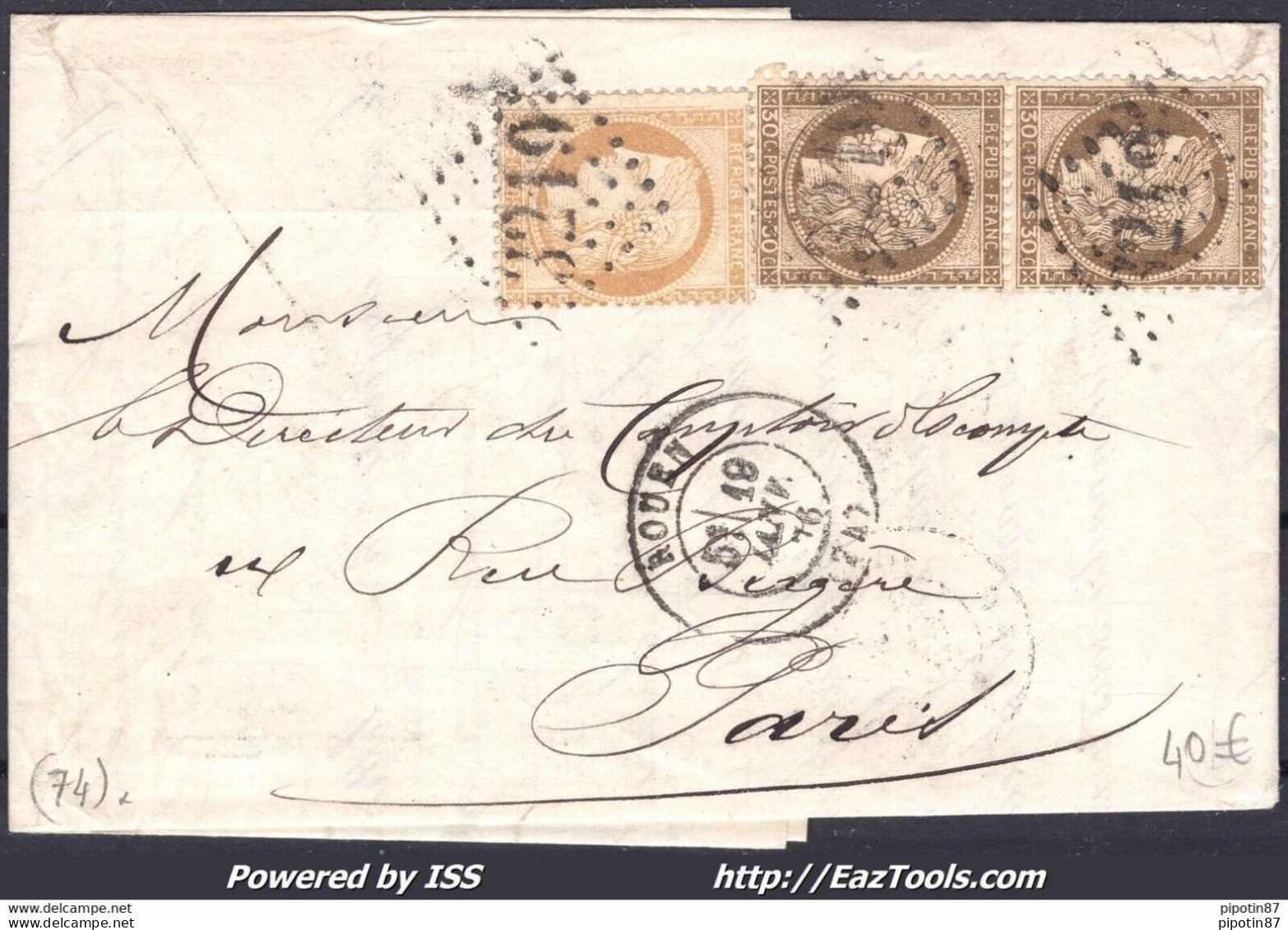 FRANCE N° 55+56x2 SUR LETTRE POUR PARIS GC 3219 ROUEN + CAD DU 19/01/1876 A VOIR - 1871-1875 Ceres