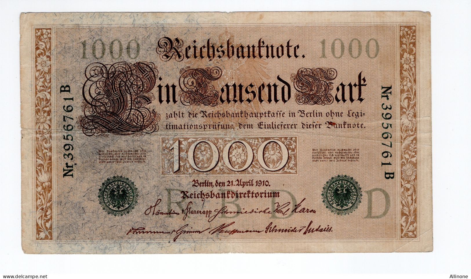 Billet Allemagne Reichsbanknote 1000 Mark 1910 Usagé Pas De Déchirures  2 Scans - 1.000 Mark