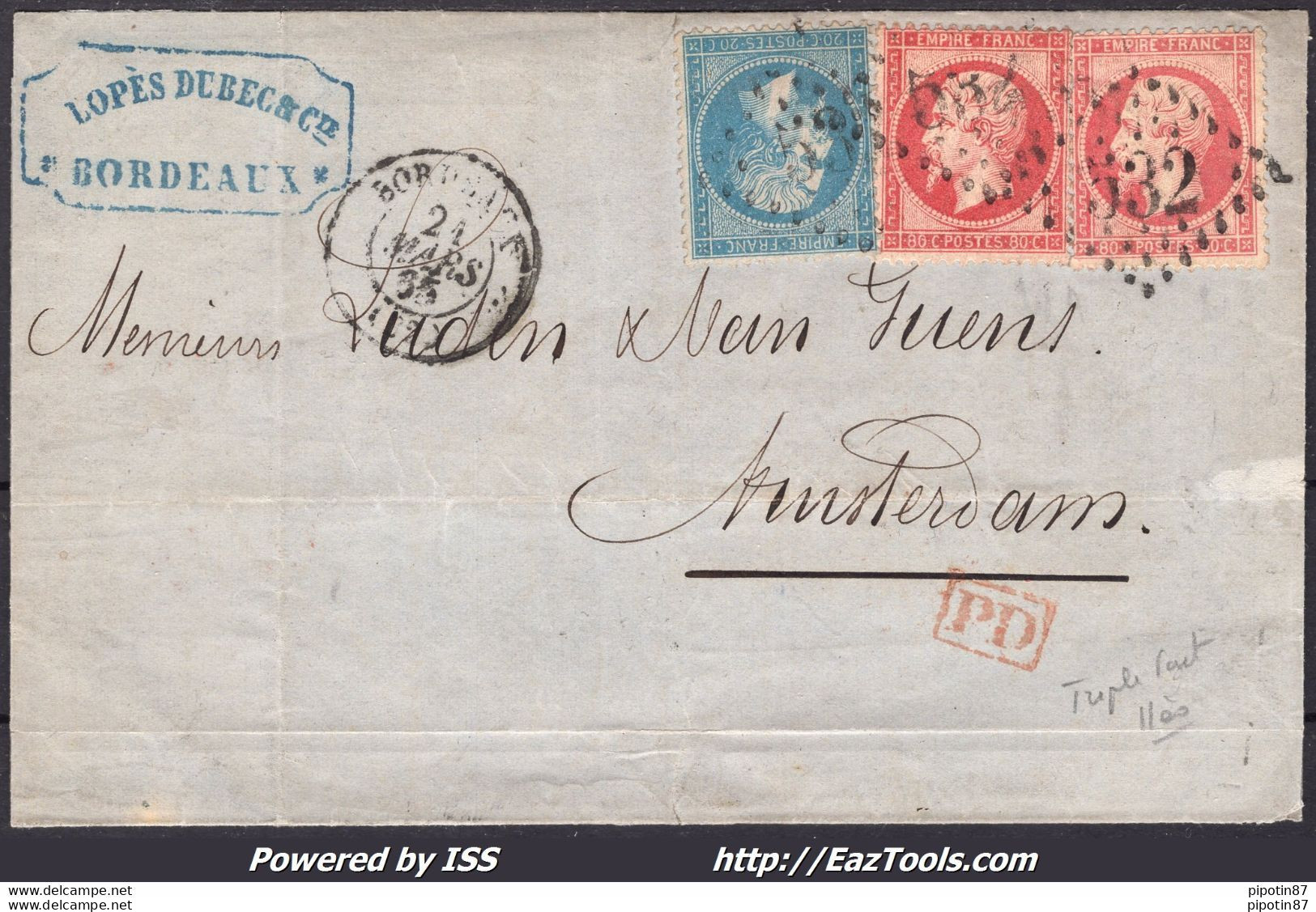 FRANCE N° 22+24X2 SUR LETTRE POUR AMSTERDAM GC 532 BORDEAUX + CAD DU 21/03/1865 - 1862 Napoleon III