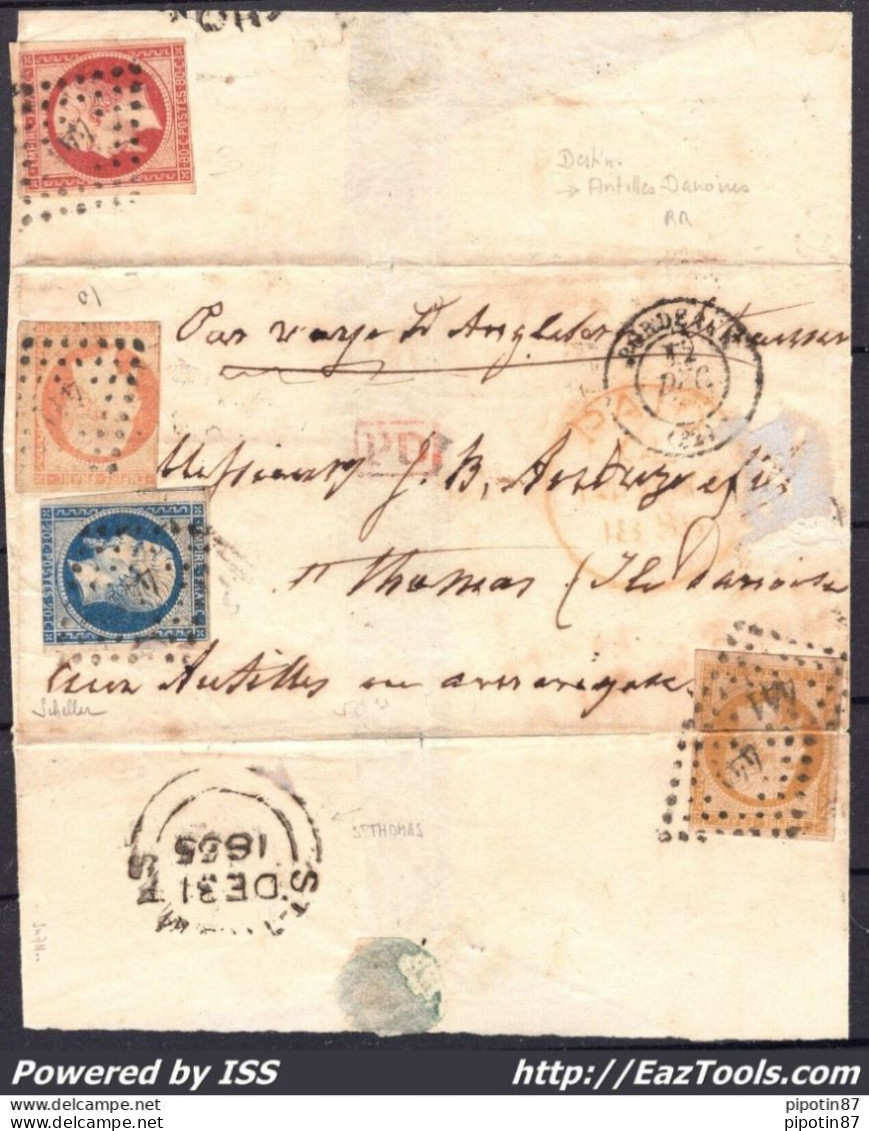 FRANCE N° 13+14+16+17 SUR LETTRE ST THOMAS ANTILLES DANOISES PC 441 BORDEAUX + CAD DU 12/12/1855 SIGNÉ SCHELLER - 1853-1860 Napoléon III