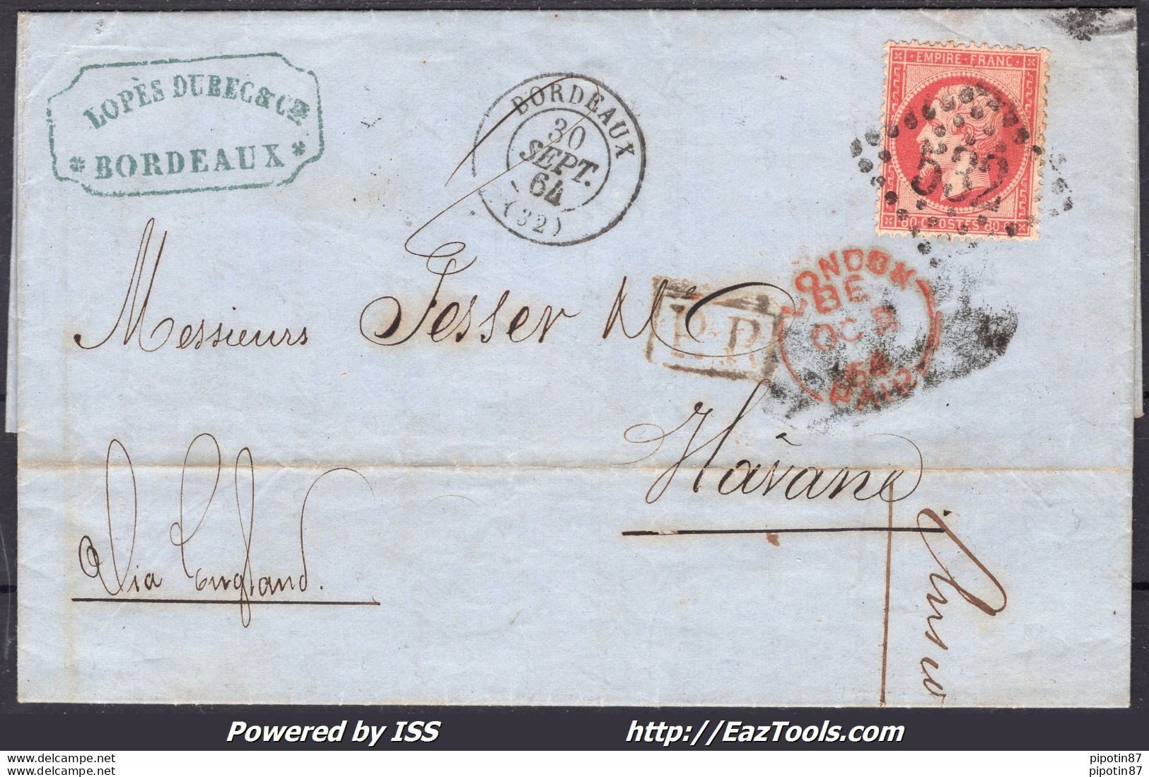 FRANCE N° 24 SUR LETTRE POUR LA HAVANE CUBA AVEC GC 532 + CAD BORDEAUX DU 30/09/1864 - 1862 Napoleon III