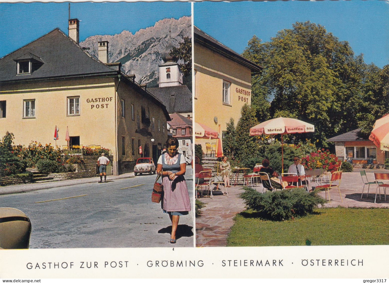 D6702) GRÖBMING - Steiermark - Tolle ZWEIBILD AK - Gasthof POST - Frau In Dirndl - Gastgarten AUTO - Gröbming