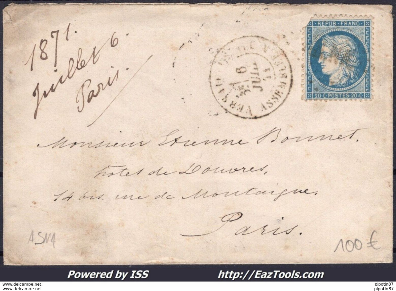 FRANCE N°60A SUR LETTRE ASNA + CAD VERSAILLES ASSEMBLÉE NATIONALE 06/07/1871 - 1871-1875 Cérès