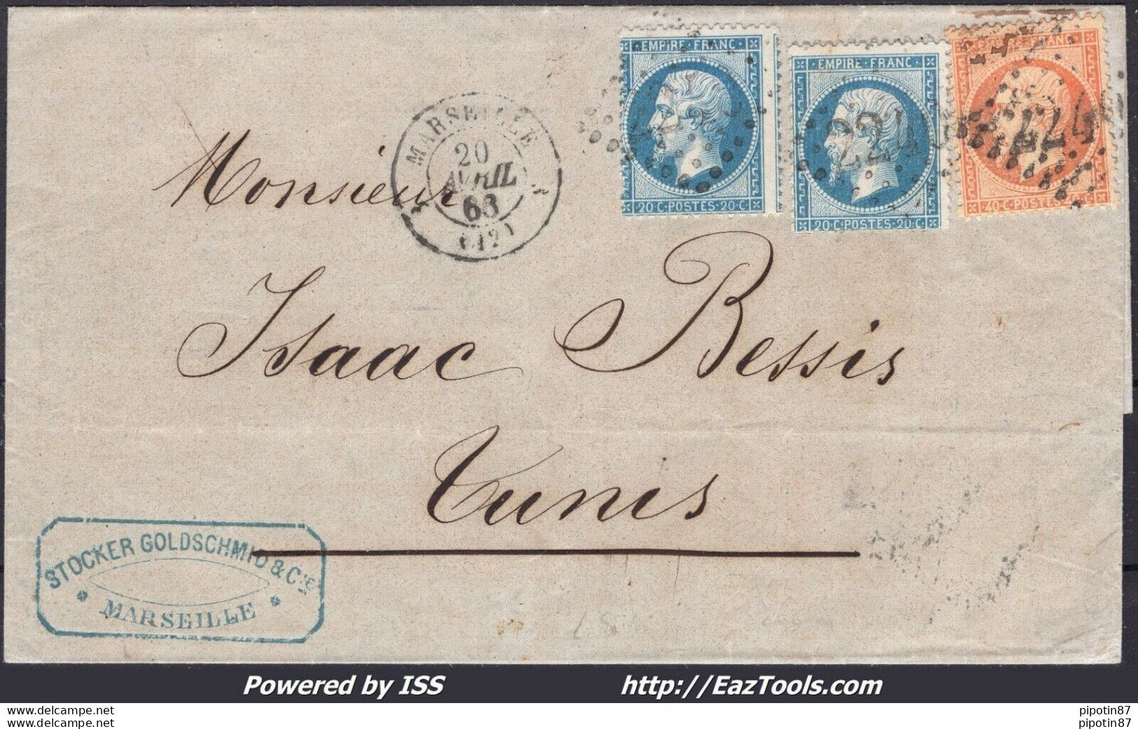 FRANCE N° 22x2+23 SUR LETTRE DOUBLE PORT POUR TUNIS GC 2240 MARSEILLE 20/04/1866 - 1862 Napoleon III