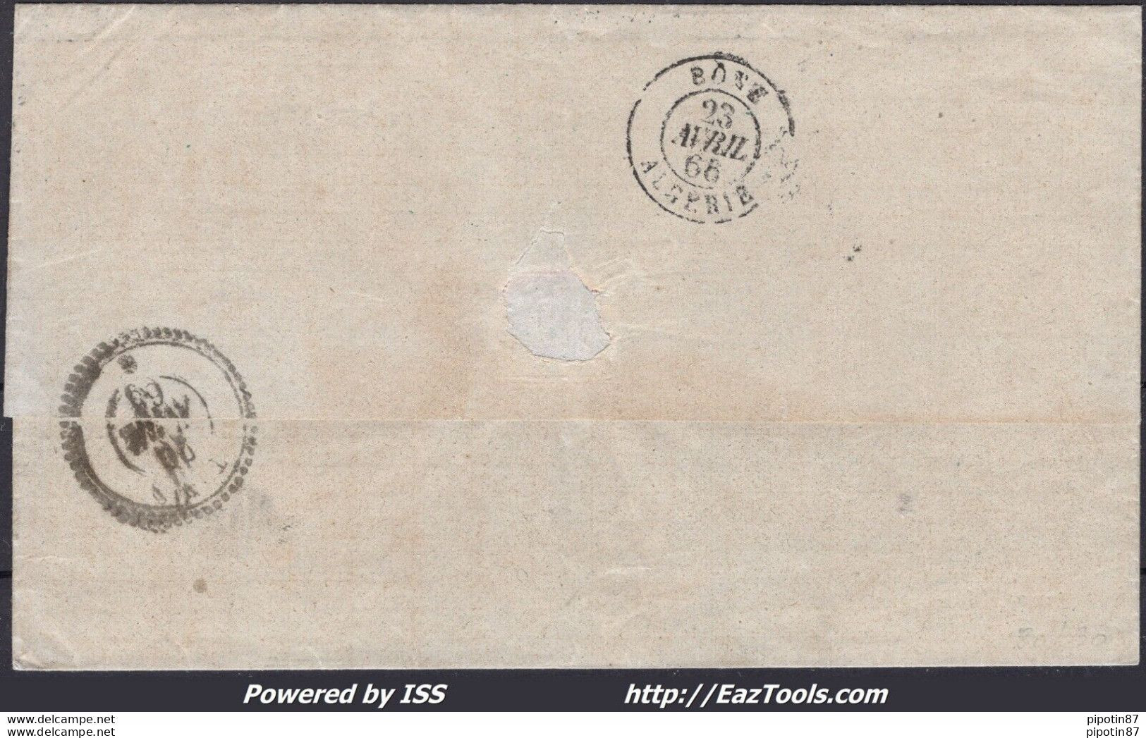 FRANCE N° 22x2+23 SUR LETTRE DOUBLE PORT POUR TUNIS GC 2240 MARSEILLE 20/04/1866 - 1862 Napoléon III