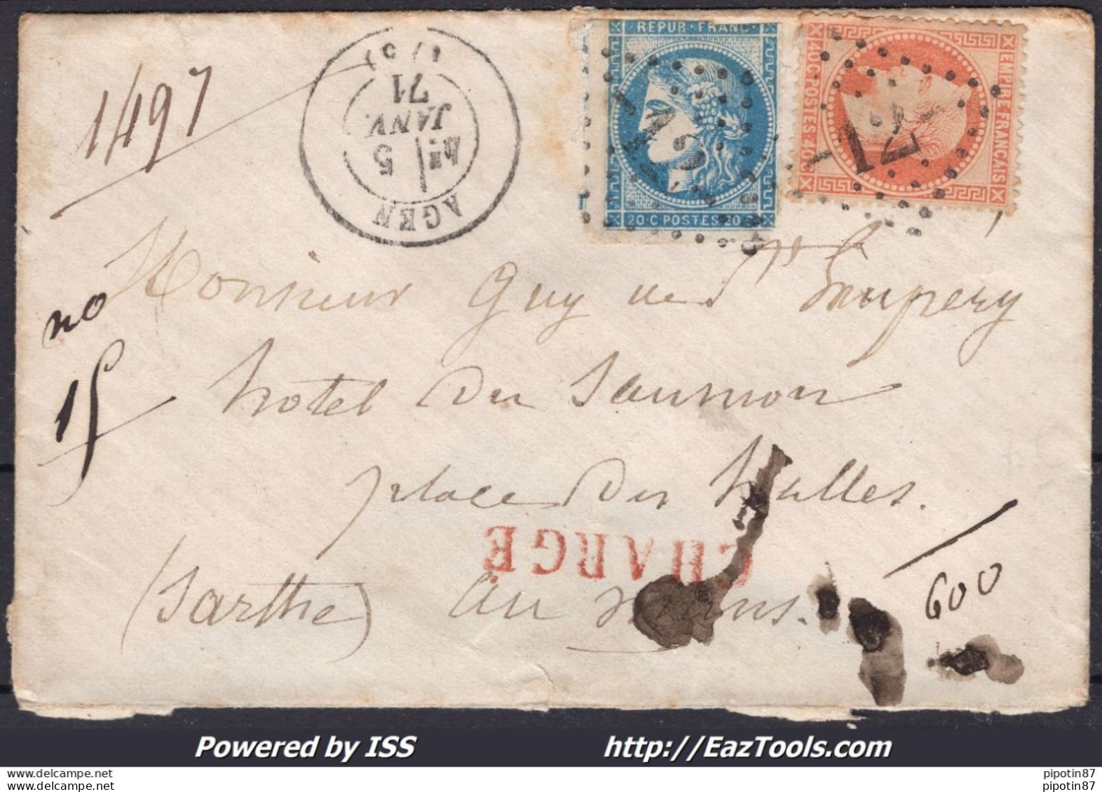 FRANCE N°31+45B SUR LETTRE CHARGÉE GC 12 AGEN LOT ET GARONNE + CAD DU 05/01/1871 - 1870 Ausgabe Bordeaux