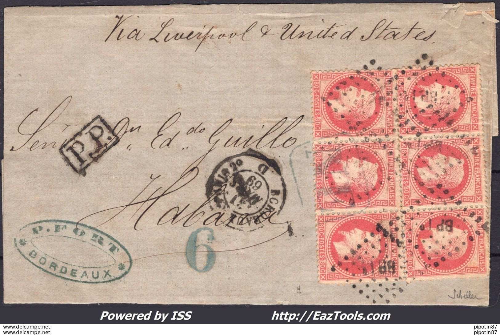 FRANCE BANDE DE 3x2 N°32 SUR LETTRE POUR LA HAVANE AMBULANT BP1° DU 31/03/1869 SIGNÉ SCHELLER - 1863-1870 Napoléon III Lauré