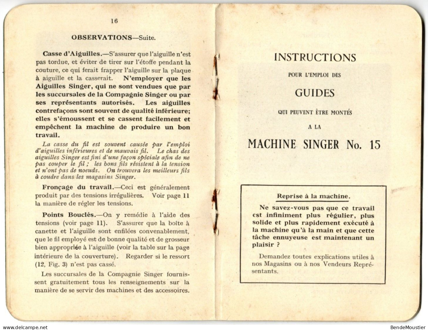 Fascicule D'Instruction N°15 Pour L'emploi  De La Machine à Coudre Singer. - Maschinen