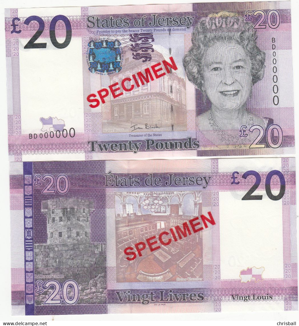 Jersey Banknote Twenty Pound (Pick 35s) SPECIMEN Overprint Code BD - Superb UNC Condition - Jersey