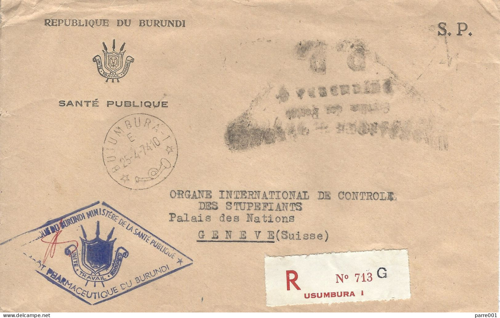 Burundi 1974 Bujumbura Ministry Of Health Official Postage Paid Handstamp Registered Cover To United Nations Geneve - Brieven En Documenten