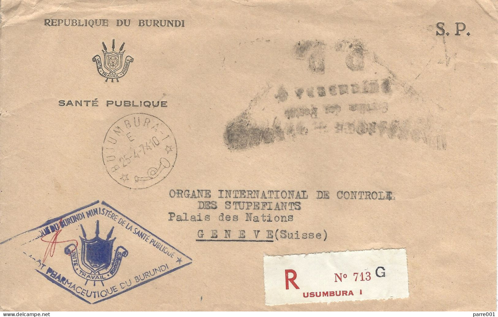 Burundi 1974 Bujumbura Ministry Of Health Official Postage Paid Handstamp Registered Cover To United Nations Geneve - Lettres & Documents