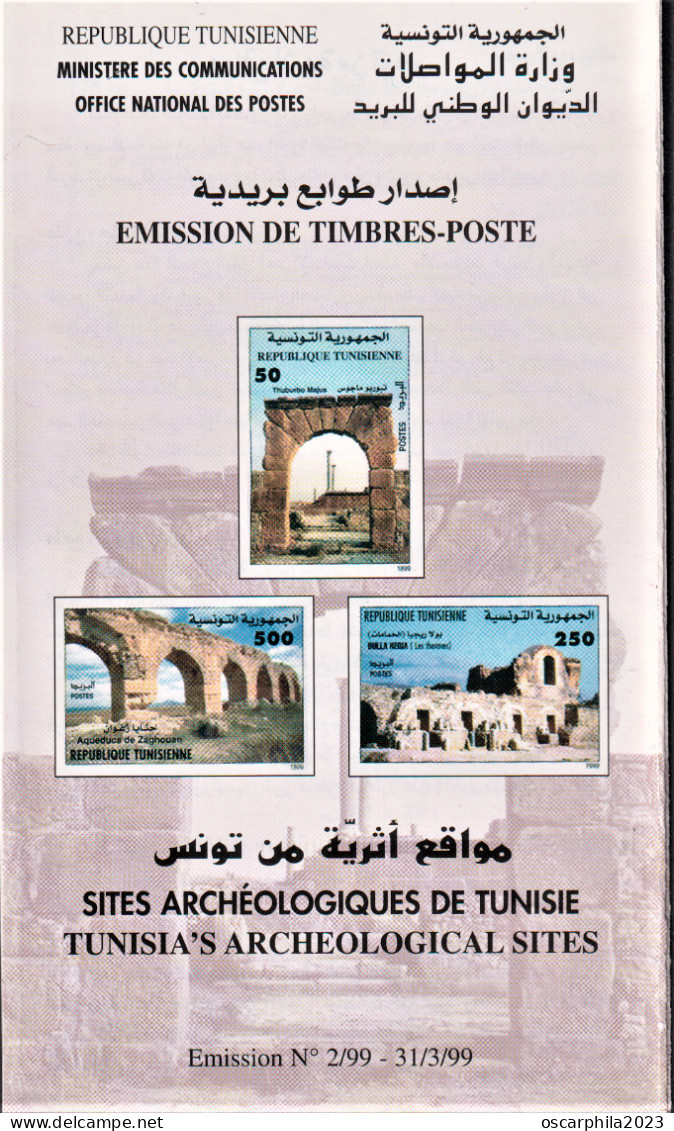 1999- Tunisie- Y&T N° 1357--1359 Sites  Archéologiques - Série Complète .set 3v.MNH** + FDC + Prospectus - Archéologie